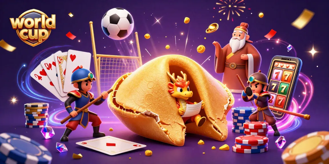 Engage with the world cup magic as tiny characters with fortune cookie elements create festive energy in this lively 3D scene.