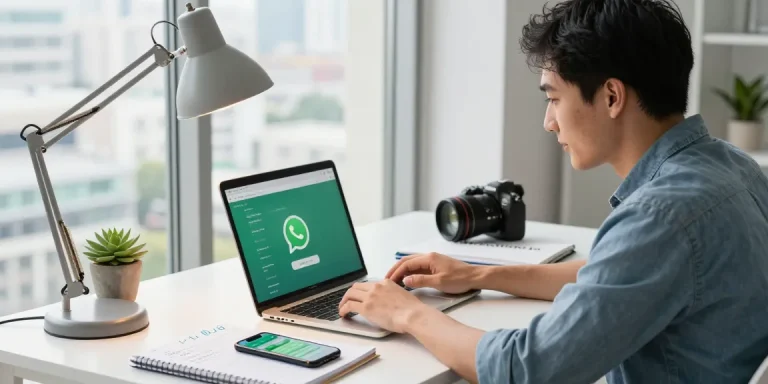 WhatsApp下載 on a laptop screen in a modern workspace showcasing productivity and communication.