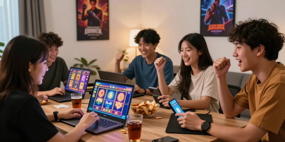 Friends enjoying gaming on situs slot deposit 10 ribu with vibrant screens and joyful atmosphere.