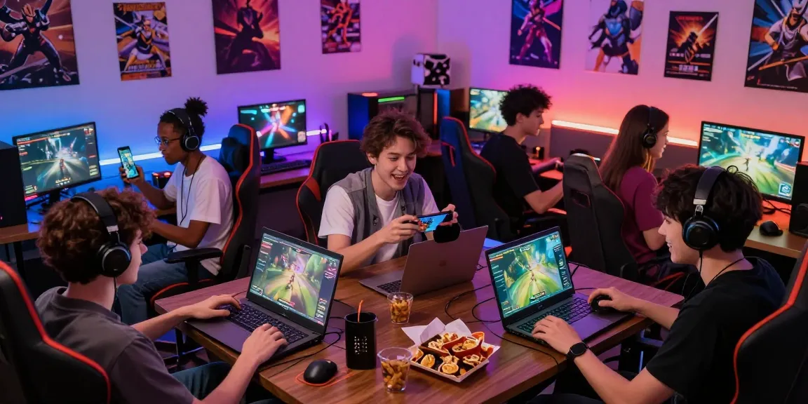 Engaged gamers enjoying game hentai in a vibrant gaming lounge with diverse devices.