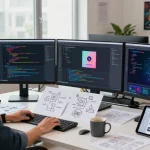 Developer using juicy ai for coding and artwork creation in a modern workspace.