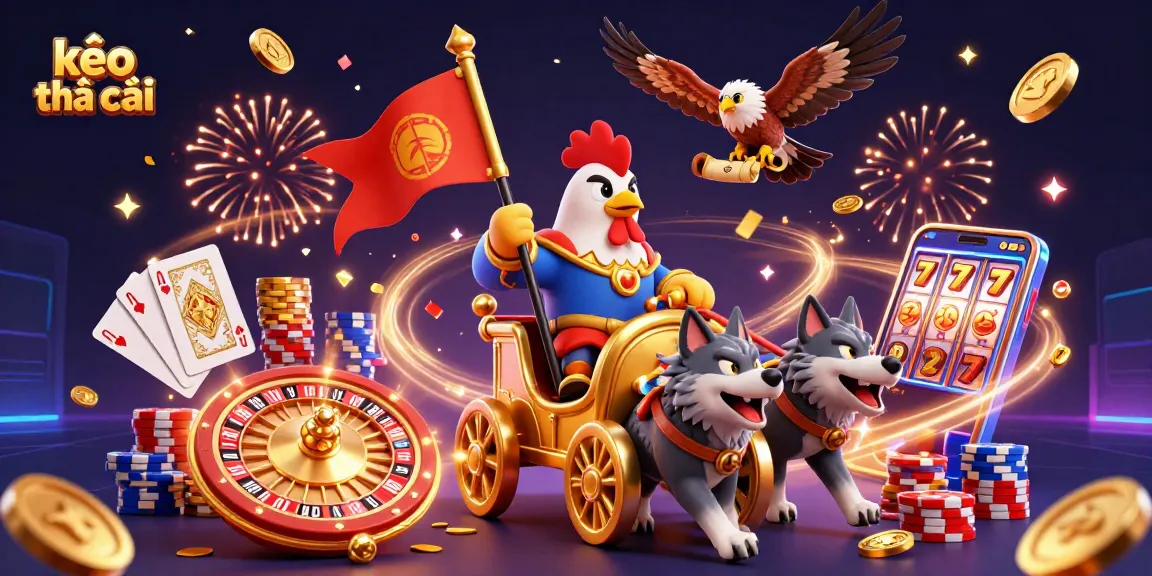 Experience the excitement of kèo nhà cái as a rooster warlord leads with golden coins and roulette.