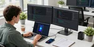 爱思助手在现代办公室中，技术人员专注于解决iOS设备问题，桌上有笔记本和咖啡，营造高效氛围。