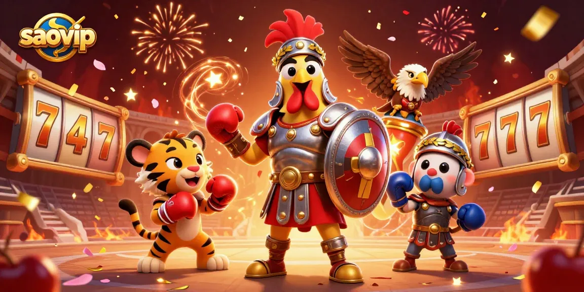 Engage with saovip's vibrant casino scene featuring a gladiator rooster amidst slot reels and festive elements.