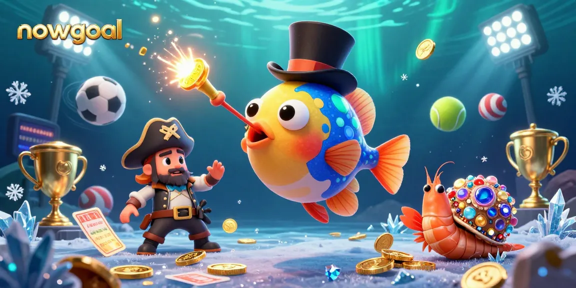 Experience the thrill of sports betting with nowgoal's vibrant anglerfish and treasure characters attracting golden coins.