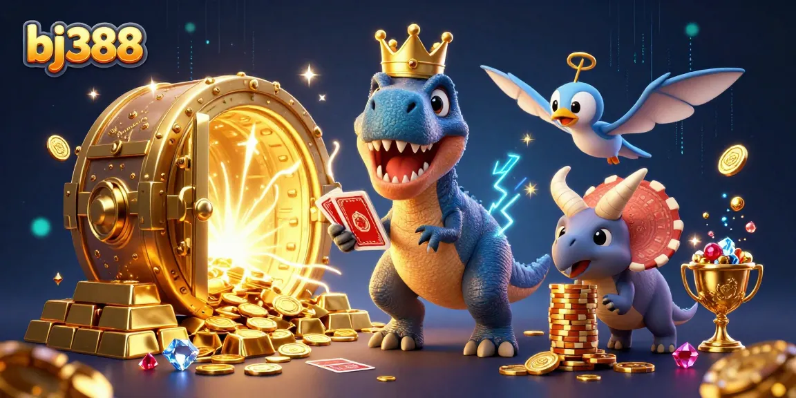 Experience thrilling gameplay at bj388 with vibrant casino characters, gold treasures, and gaming excitement.
