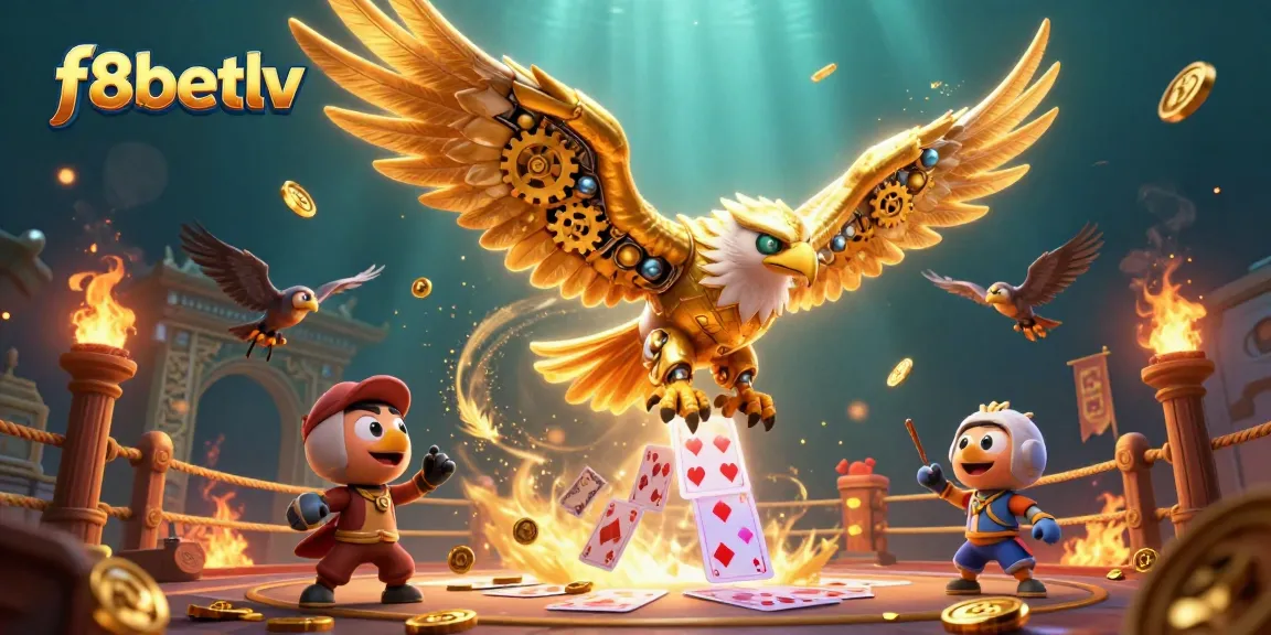Experience winning moments at f8betlv with a vibrant, engaging 3D gambling scene featuring a golden eagle and casino elements.