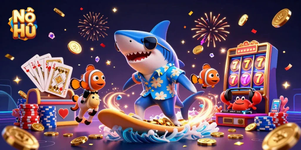 Nổ Hũ showcases a vibrant underwater casino adventure with characters surfacing in gold coins.