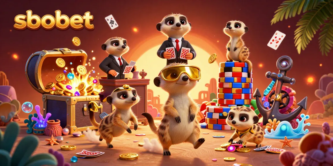 SBOBET meerkats managing a vibrant casino scene with action-packed gaming elements and gold treasures.