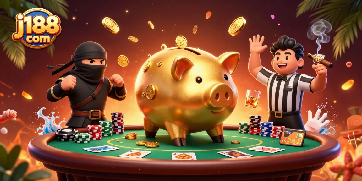 Experience gaming action at j188 com with a lively casino scene featuring a piggy bank sumo wrestler and poker elements.