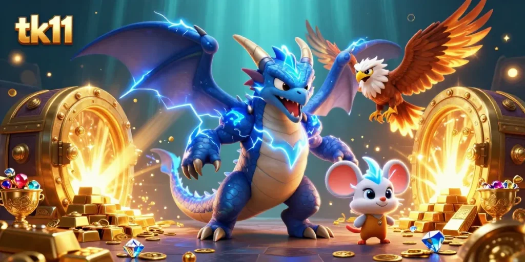 tk11 players enjoy a thrilling jackpot experience with vibrant characters and gold treasures in this engaging illustration.