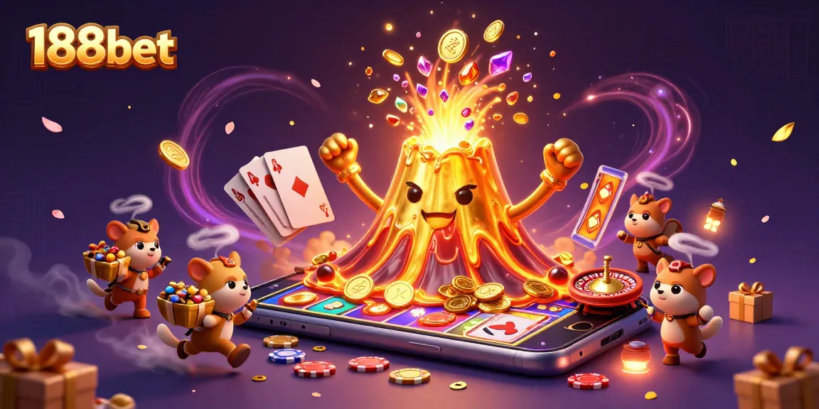 Experience thrilling treasure at 188bet with a volcano of coins erupting alongside playful explorers.