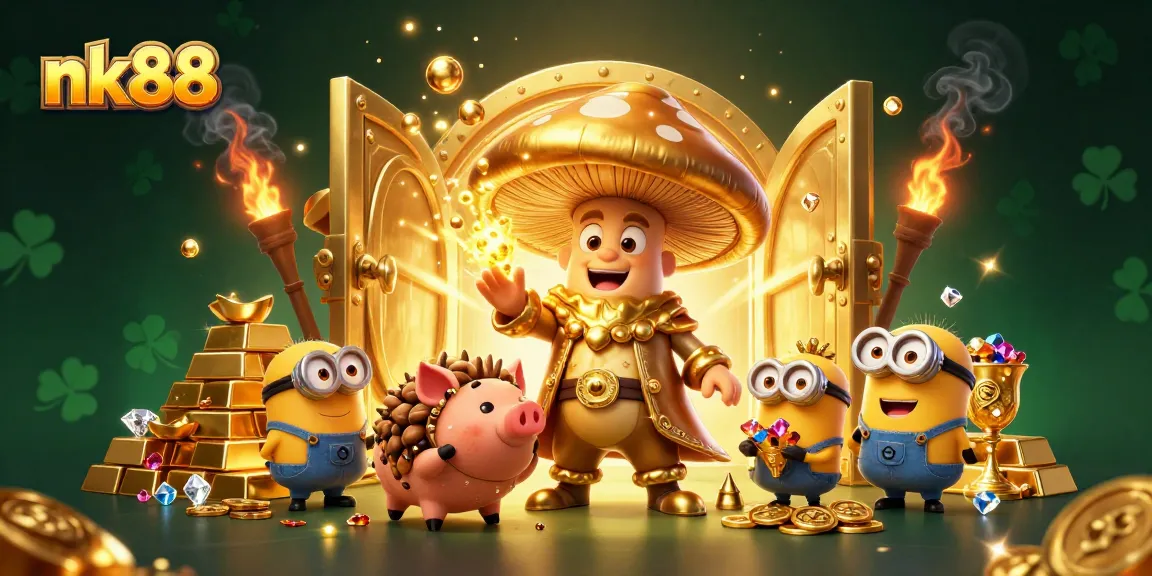 Experience thrilling adventures at nk88 with golden elements, treasure, and playful characters in a vibrant casino illustration.