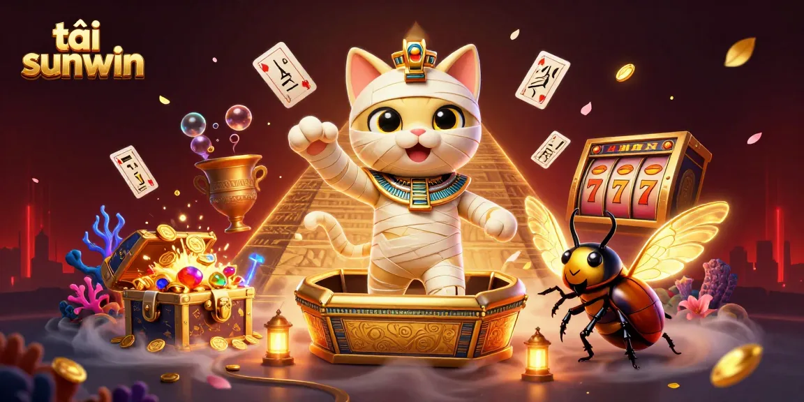 Experience gaming thrill with tải sunwin, featuring a 3D cartoon mummy cat and glittering gold elements.