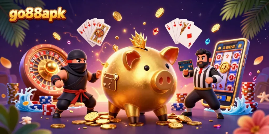 Experience thrilling wins with GO88APK's dynamic casino scene, featuring slot reels and colorful characters.