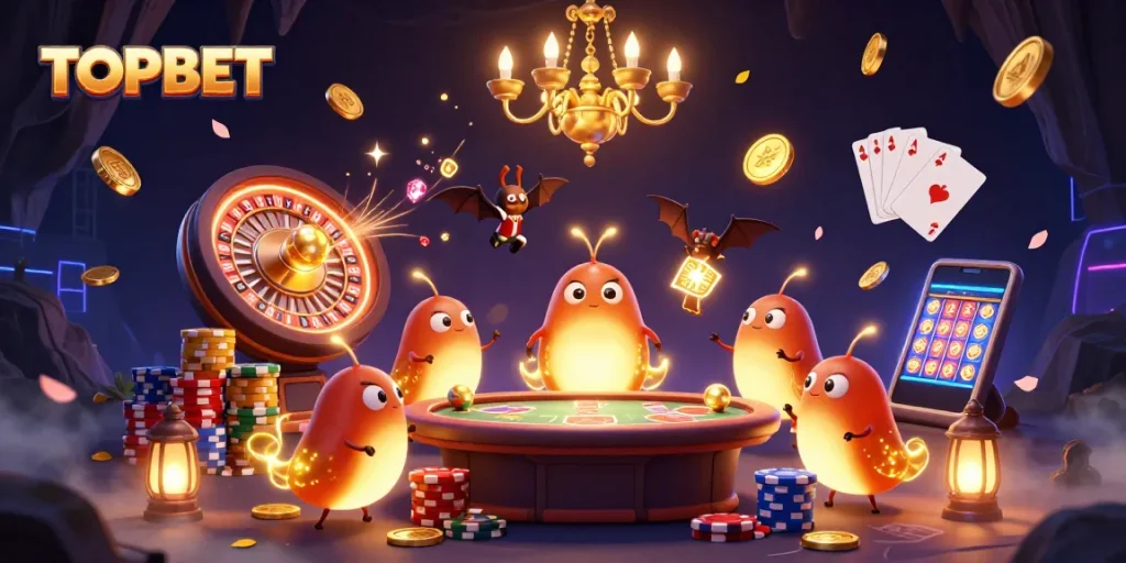 TOPBET's vibrant glowworm team illuminating an exciting cave casino with dazzling rewards and vibrant gameplay.