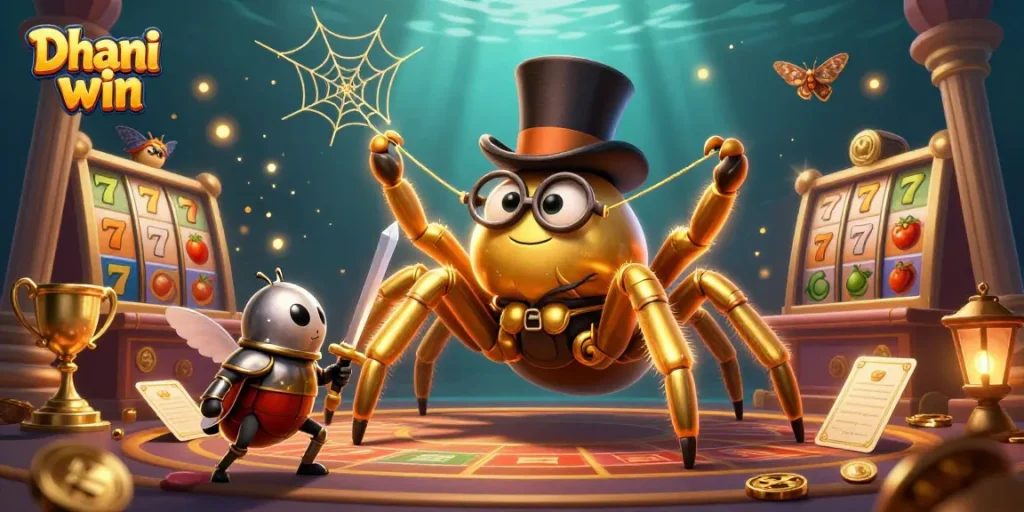 Dhani win website showcases a vibrant casino scene with unique characters and exciting gaming elements.