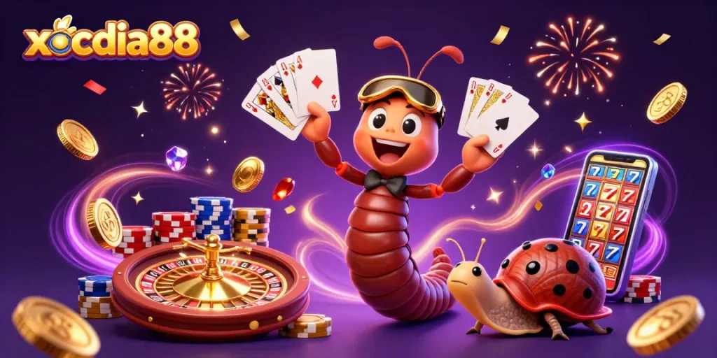 Experience the thrill of xocdia88 with our dynamic 3D casino scene featuring unique characters and vibrant game elements.