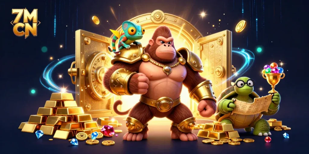 Experience thrilling action with 7M CN as a cartoon gorilla king leads a vibrant treasure hunt.