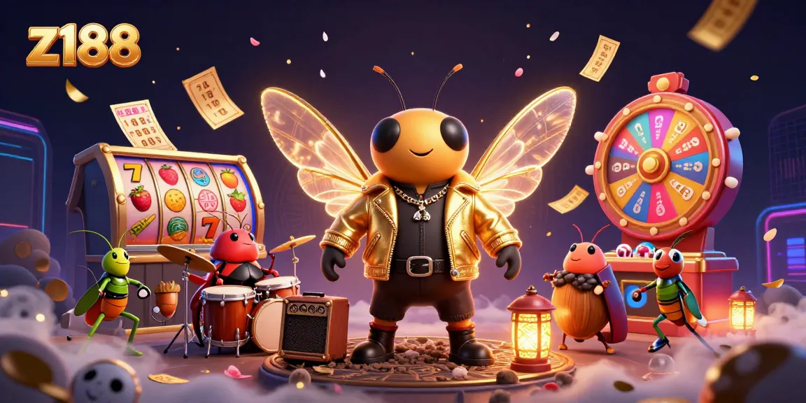Z188 casino experience showcasing a 3D cicada rock star and vibrant slot game elements for dynamic gameplay.