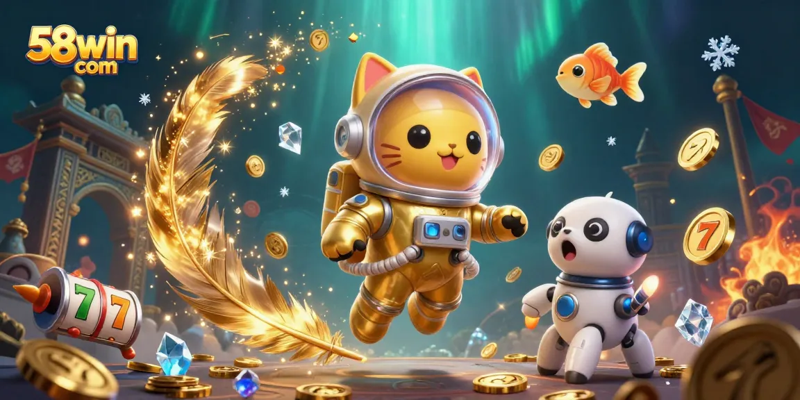 Play on 58win com with a vibrant casino scene featuring a cat astronaut and its robot dog amidst golden jackpot elements.