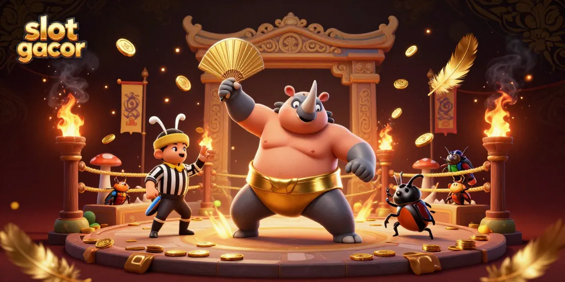 Visualisasi slot gacor yang menunjukkan juara sumo dan koin emas terbang.