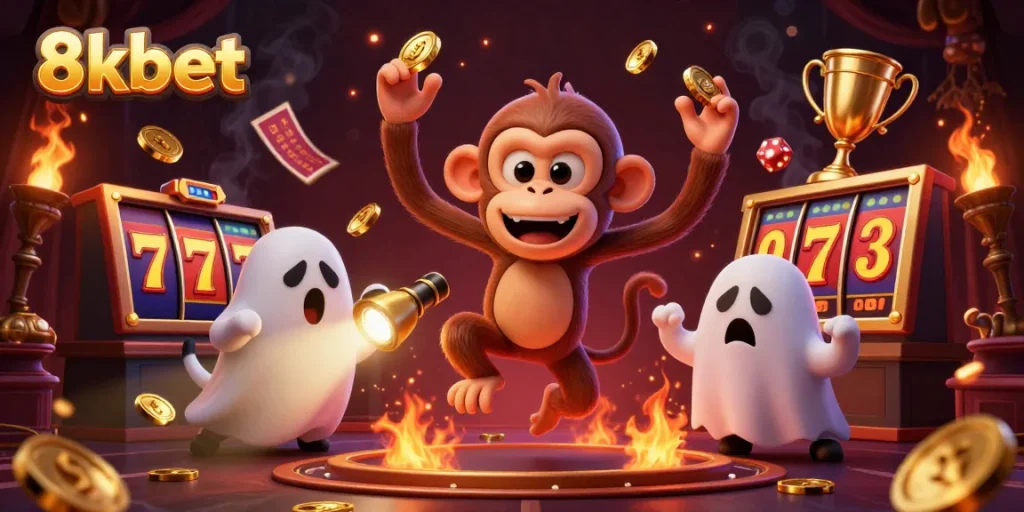 Experience the excitement of 8xbet with a playful poltergeist monkey and a ghost-hunter puppy in a lively casino setting.