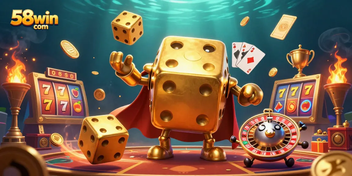 Experience thrilling gameplay with 58win com's vibrant 3D casino scene featuring dynamic golden dice and gambling elements.