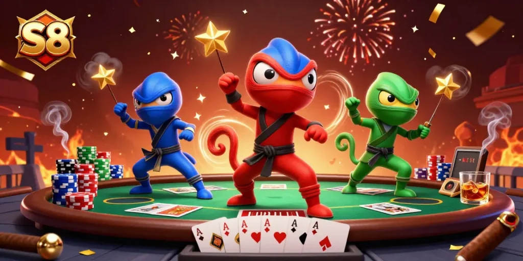S8 showcases a vibrant 3D ninja chameleon team engaging in poker, emphasizing thrilling casino action.