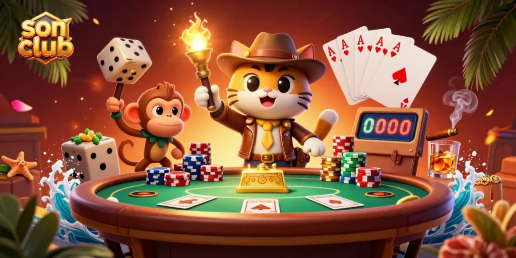 Join the adventure at sonclub with an archaeologist cat finding treasures amidst vibrant casino elements.