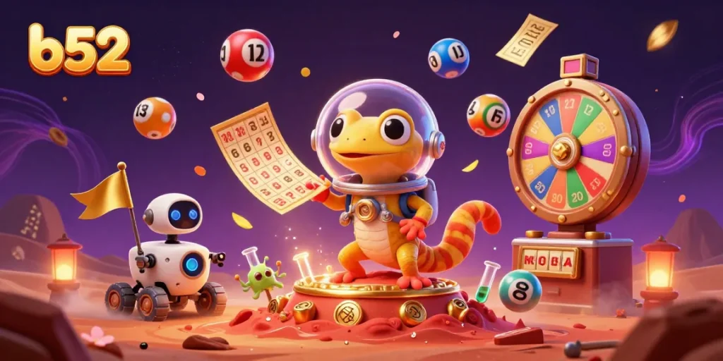 B52 gecko discovers a golden casino on Mars, surrounded by colorful gambling elements.