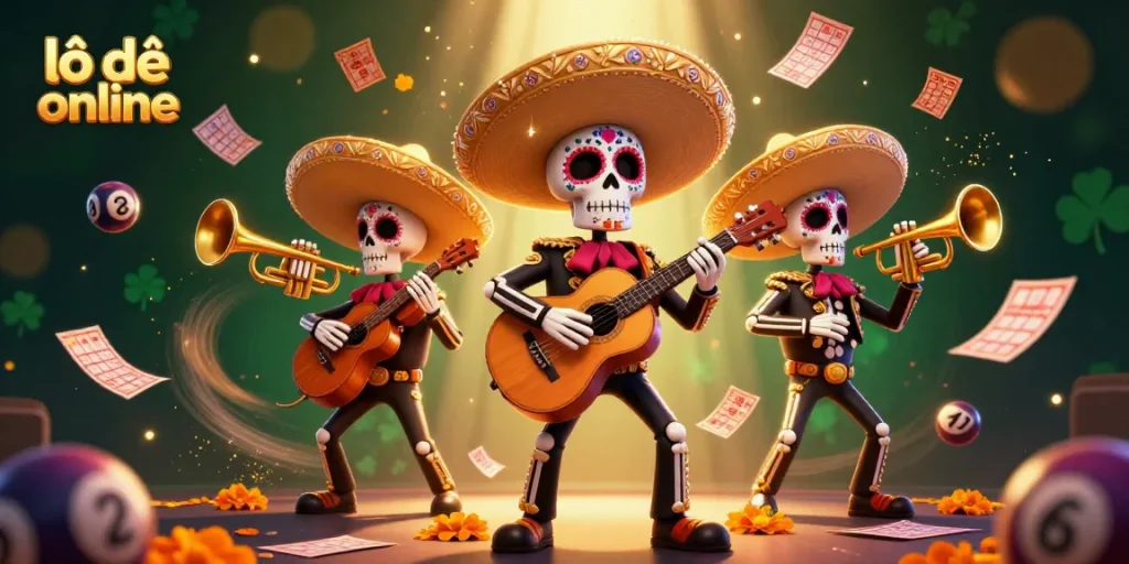Engage with lô đề online through our vibrant Dia de los Muertos mariachi band illustration, embodying lottery excitement.