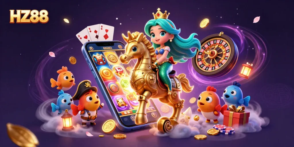Join the excitement at HZ88 with a vibrant 3D casino scene showcasing a mermaid and slot games.