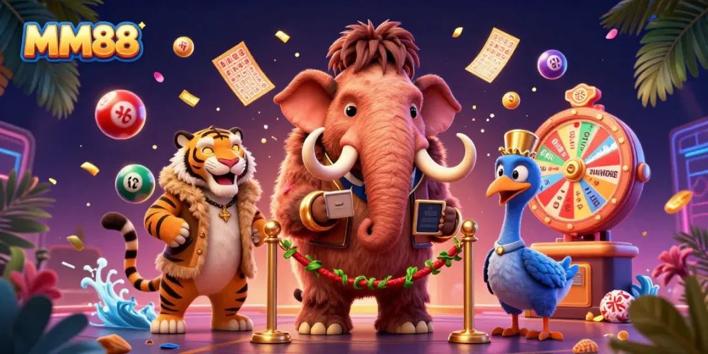 Capture the excitement at MM88 casino with a vibrant 3D scene featuring lottery elements and characters.