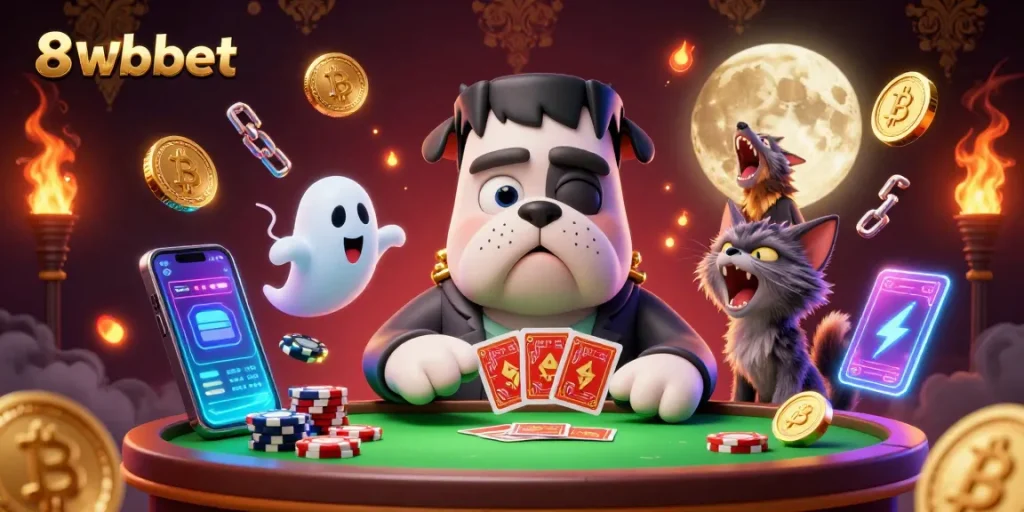 8xbet's dynamic casino scene showcases a cartoon bulldog dealer, ghost mouse, and werewolf kitten amidst vibrant gaming elements.