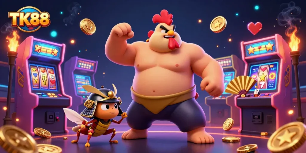 Experience thrilling action at TK88 with dynamic gaming elements and characters in this vibrant casino scene.