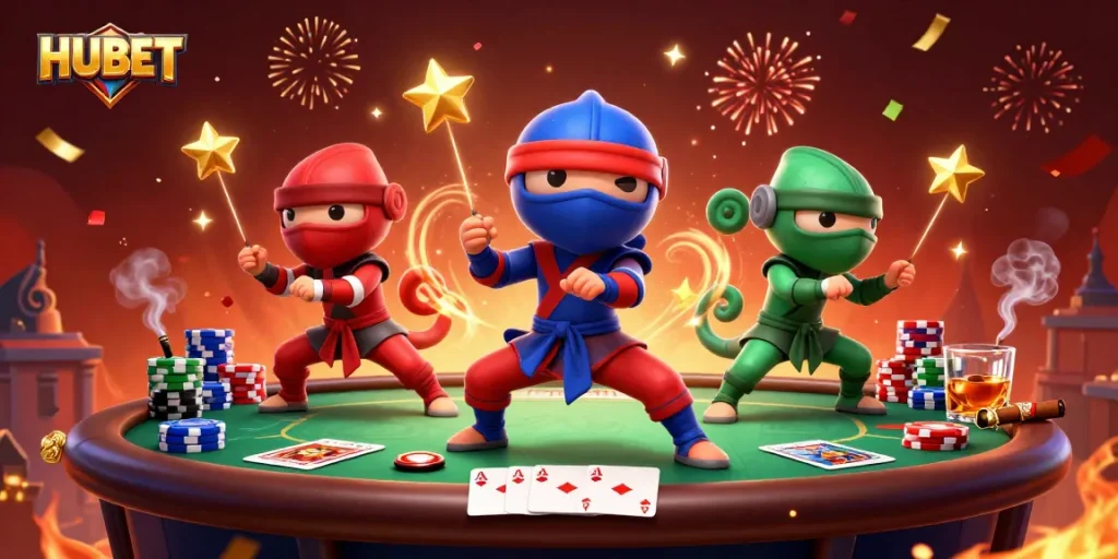 HUBET: Engage in thrilling poker action with a colorful ninja chameleon team in a dynamic casino scene