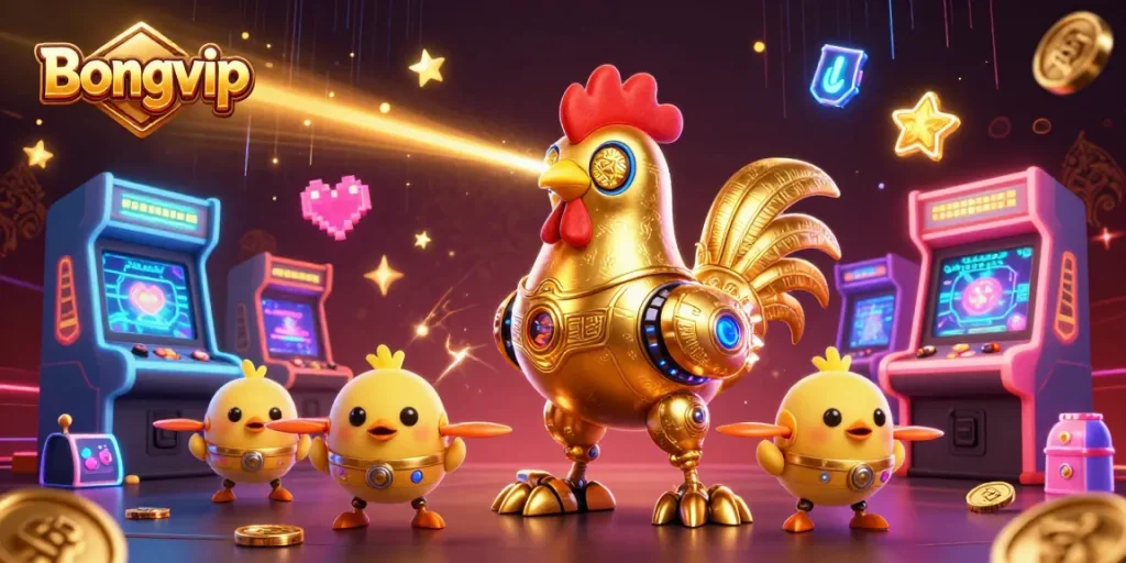 Experience thrilling gameplay at Bongvip with a vibrant 3D casino scene featuring a futuristic golden rooster robot.