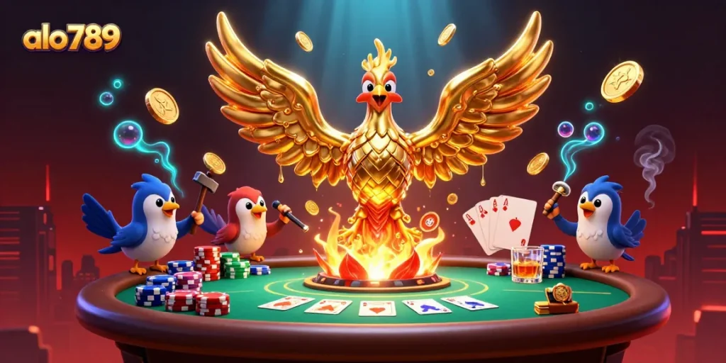 Engage with alo789 casino, featuring a molten golden phoenix and vibrant poker action.