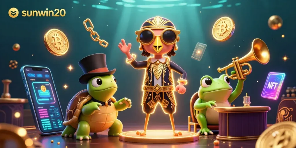 Experience thrilling wins with sunwin20 at this vibrant casino scene featuring unique characters and crypto elements.